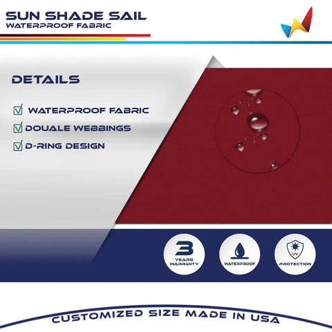 Close-up of waterproof fabric for Waterproof Sun Shade Sail Rectangle 10x10 Ft Red Canopy showing water droplets and D-ring design.