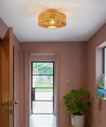 Boho Rattan Ceiling Light Fixture Hand Woven Cage Shade Semi Flush Mount Farmhouse Style Close To Ceiling Lamp in hallway