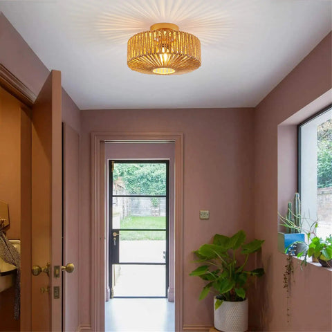 Boho Rattan Ceiling Light Fixture Hand Woven Cage Shade Semi Flush Mount Farmhouse Style Close To Ceiling Lamp in hallway