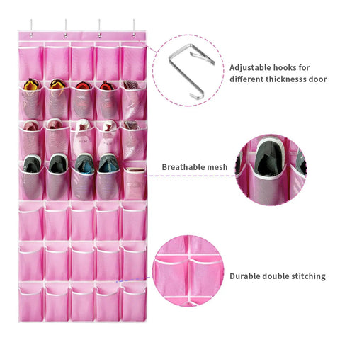 Pink Over The Door Shoe Organizer With 35 Pockets For Maximum Storage, Fits Up To Size 13 Men, showing metal hooks and mesh details