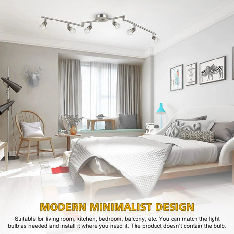 Six-Head LED Track Lighting Kit In Brushed Nickel With Adjustable Foldable Arms GU10 Base Ceiling Spotlights in a modern bedroom