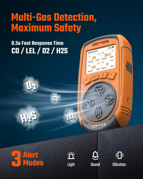Guard 863Pro Four Gas Monitor For H2S CO LEL And O2 With TFT Color Screen USB Data Export displayed with alert modes