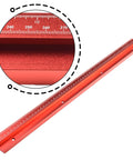 Close-up of red aluminum 45 Type T Slot Miter Track For Router Tables And Saws All In One Woodworking Guide Track with 600mm length.