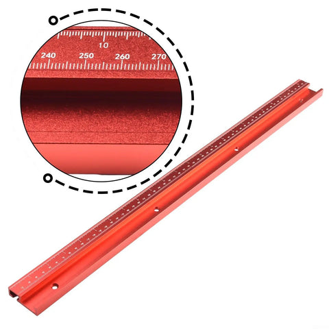 Close-up of red aluminum 45 Type T Slot Miter Track For Router Tables And Saws All In One Woodworking Guide Track with 600mm length.