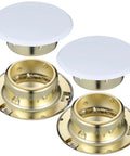Right On Track Four Pack Flat Round Fire Sprinkler Cover Plates with white tops and gold bases for concealed ceiling use.