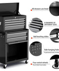 Beefy 8-Drawer Rolling Tool Chest With Wheels 42 Inch Heavy Duty Steel Cabinet Detachable Top Toolbox Hooks Liners Tray Dividers Premium Rolling Tool Box For Garage, Workshop, Warehouse, Black with open lid, lined drawers and side hooks