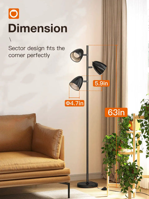 Three 9W LED Bulbs Included Floor Lamp With 3 Adjustable Rotating Heads, tall standing pole lamp in living room corner with sofa
