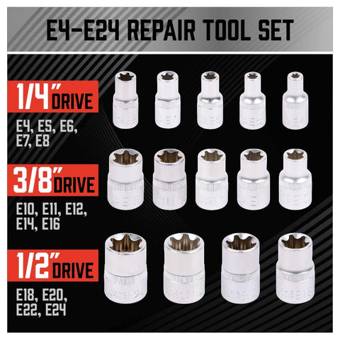 14 Piece ETORX Socket Set Pro Grade Female Torx Sockets For 1 Quarter Inch 3 Eighth Inch And 1 Half Inch Drives E4 Through E24 External Torx Sockets Built To Last And Gearhead Ready For Any Garage Job displayed with drive sizes.