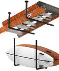 Surfboard Wall Mount And Ceiling Rack For Garage Storage, Durable Powder Coated Steel Ceiling Rack With Sponge Pads To Protect Boards, Ladders, Snowboards, Paddle Boards, Holds Up To 100 Lbs, Black, installed with ladder and surfboard.