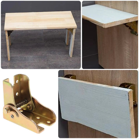 Real-Deal Heavy Duty Foldable Iron Hinges With Self Locking Mechanism attached to wooden table and bench, torsion loaded hardware.