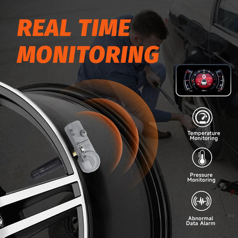 Preprogrammed Tpms Tire Pressure Sensor 315Mhz installed on wheel, monitoring tire temperature and pressure in real time.