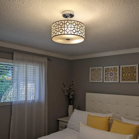 Bedroom with Three Light Flush Mount Ceiling Light in Brushed Nickel with Modern Drum Design and Double Shade Silver Fixture