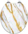 Round Resin Toilet Seat for Bathroom with marble pattern and gold accents, measures 16.5x14.5 inches.