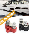 Heavy Duty 2 Piece 5 16 Dual Stud Battery Distribution Block 12 Volt 200 Amp Positive Negative Bus Bar For Auto Marine Truck Built Tough No Sweat Wiring Pro Grade showing red and black blocks for easy installation.