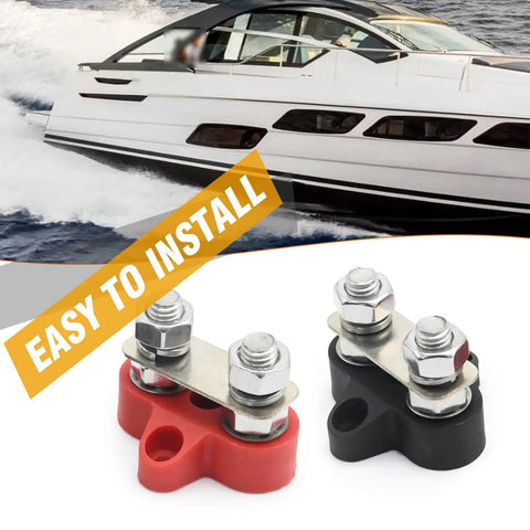 Heavy Duty 2 Piece 5 16 Dual Stud Battery Distribution Block 12 Volt 200 Amp Positive Negative Bus Bar For Auto Marine Truck Built Tough No Sweat Wiring Pro Grade showing red and black blocks for easy installation.