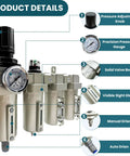 Front view of Beefed-Up 3/4 Inch NPT Heavy Duty Industrial 4 Stage Air Drying System with filters, regulators, and auto drain.