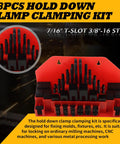 Heavy Duty Hold Down Clamp Kit For Milling CNC, 58 Pcs, displayed with steel components on red background