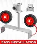 Universal String Trimmer Wheel Attachment Fits 26mm And 28mm Shafts showing red wheels and gray frame for easy installation.