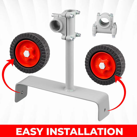 Universal String Trimmer Wheel Attachment Fits 26mm And 28mm Shafts showing red wheels and gray frame for easy installation.