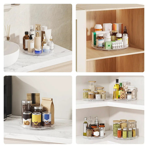 Nine Inch Clear Lazy Susan Set Of Two Round Rotating Turntable Organizers With Non Slip Base For Pantry Cabinet And Fridge Shelf on shelves with organized items.