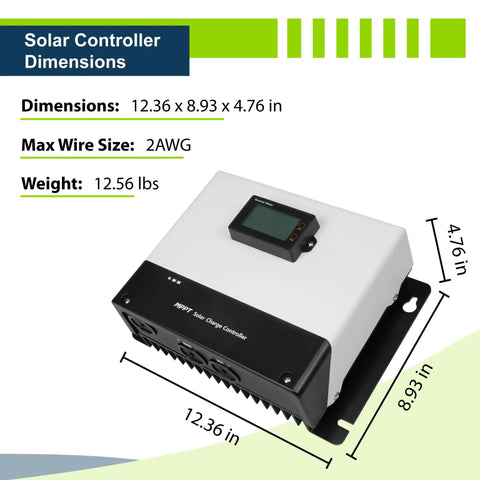 Heavy Duty 1200W 12V Solar Panel Kit Packs Twelve 100W Mono Panels Plus A 100A MPPT Charge Controller dimensions and specs.