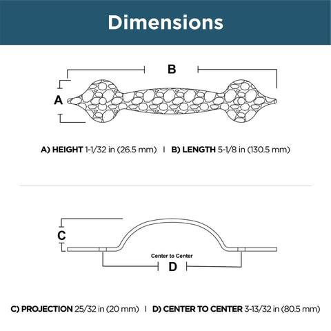 Dimensions of Matte Black Cabinet Handles Five Pack Three And A Half Inch Center To Center Classic Pulls with Fade Resistant Finish.