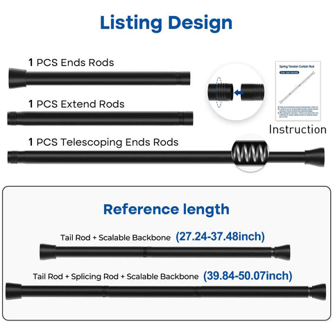 Diagram of Black Tension Curtain Rod 28 To 48 Inch No Drill Adjustable Spring Rod components and reference length.