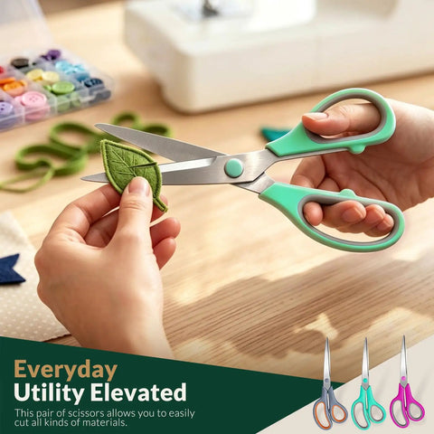 8.5 Inch All Purpose Scissors Set For Office Home Sewing And Crafts With Soft Comfort Grip cutting green fabric leaf