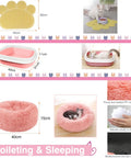 All In One 47 Piece Kitten Essentials Starter Kit For Kittens Under Six Months With Toys Bed Carrier Litter Box Bowls Grooming Tools And More For New Cat Parents In Pink, showing pink litter box and fluffy bed.