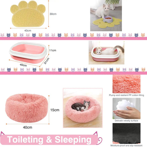 All In One 47 Piece Kitten Essentials Starter Kit For Kittens Under Six Months With Toys Bed Carrier Litter Box Bowls Grooming Tools And More For New Cat Parents In Pink, showing pink litter box and fluffy bed.