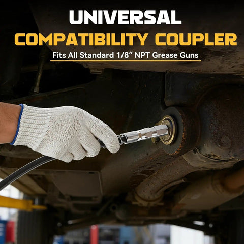Hand using High Pressure Pro Grade Grease Gun Coupler Kit With 12000 PSI Quick Release 90 Degree Adapter for greasing vehicle
