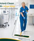 36 Inch Commercial Dust Mop With Two Replacement Pads And 60 Inch Handle Heavy Duty Industrial Flat Mop cleaning tile floors in a hallway.