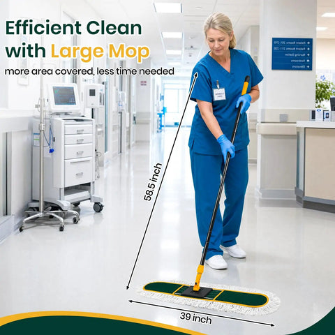 36 Inch Commercial Dust Mop With Two Replacement Pads And 60 Inch Handle Heavy Duty Industrial Flat Mop cleaning tile floors in a hallway.