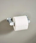 Genta LX Modern Wall Mount Pivoting Toilet Paper Holder in Chrome for Bathroom Easy Install, holding a toilet roll.
