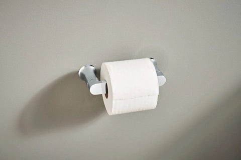 Genta LX Modern Wall Mount Pivoting Toilet Paper Holder in Chrome for Bathroom Easy Install, holding a toilet roll.