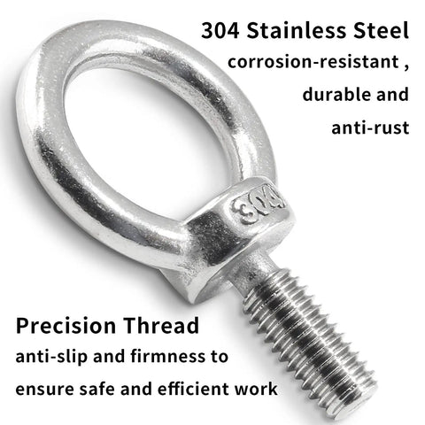 Close-up of 12 Pack M6 Lifting Eye Bolt in 304 stainless steel, showcasing the precision thread and corrosion-resistant material