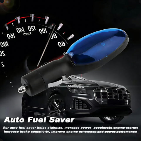 Plug In Fuel Saver For Cars And Diesel Vehicles Easy Gas Mileage Booster That Lets You Save More Fuel Instantly Works With Gas And Diesel Engines 1 Piece For All Vehicles showing close-up of device with speedometer and car background.