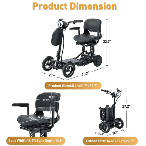4-Wheel Foldable Electric Mobility Scooter dimensions showing product size and folded size