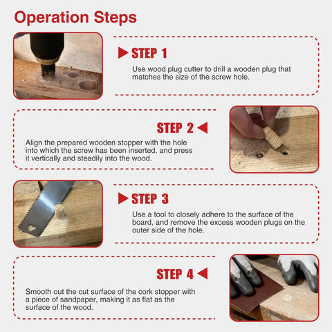 Operation steps for Solid 8 Piece Wood Plug Cutter Drill Bit Set Featuring Barrel And Claw Tips 1/4 3/8 1/2 And 5/8 Inch Sizes 1/4 Inch Hex Shank.