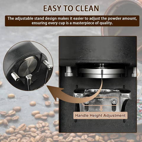 Total Game Changer Electric 58Mm Espresso Tamper Featuring Stainless Steel Build And Programmable Touchscreen Controls For Shots That Always Hit Different, showing adjustable stand and internal mechanism.