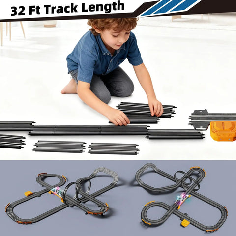 Child assembling Epic Slot Car Racing Track Kit with 4 Cars featuring 32 ft electric or battery powered dual race with overpass.