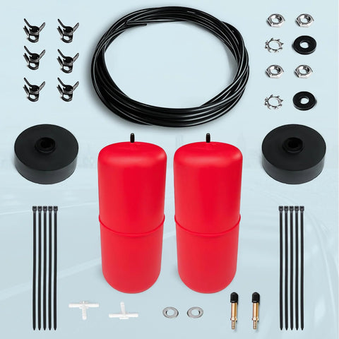 Top-down view of FLOVENTIS air suspension kit for 2020–2026 Jeep Gladiator; two red air springs with hoses and hardware