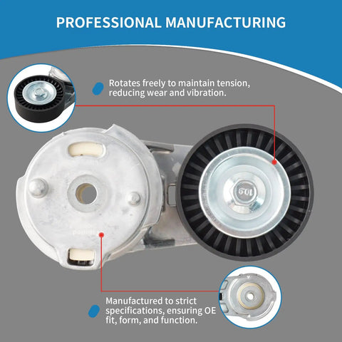 Premium Engine Belt Tensioner Serpentine Idler Pulley Kit 39269 For Cars Trucks Check Fitment Ensures Reliable Drive No Belt Slippage Noise Heavy Duty Keeps Ride Tight Easy Install Quality Parts Restore Power Save Money Daily Driving Keeps Transport, metal pulley and tensioner close-up