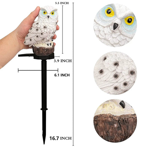 Owl Figure Solar LED Lights 2 Pack Garden Decor, hand holding owl ornament with solar stake, detailed view of feathers and base.