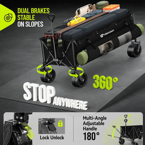 400L Ultra Large Collapsible Wagon With Big Wheels For Easy Hauling Massive 400 Liter Capacity, showing brakes and handle.