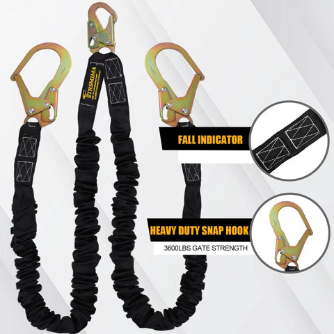 Retractable Safety Harness Lanyard For Fall Protection And Tree Climbing, 6 Ft Double Leg, internal shock absorber visible