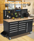 61 Inch Rolling Tool Chest With 10 Drawers Garage Workbench Storage Cabinet And Power Strip Solid Rubber Wood Top Beefy Steel Build Black Finish With Locking Casters