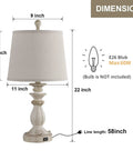 Farmhouse Style Table Lamps Set Of 2 With USB Charging Port White Washed Rustic 22 Inch Bedside Lamps dimensions image