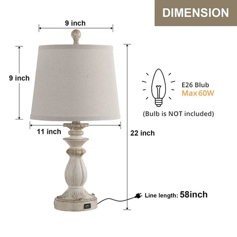 Farmhouse Style Table Lamps Set Of 2 With USB Charging Port White Washed Rustic 22 Inch Bedside Lamps dimensions image
