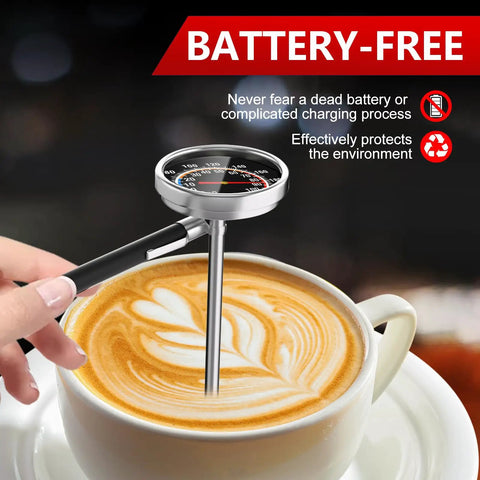 Instant Read Meat Thermometer With Your Go To Five Point Five Inch Stainless Steel Probe And One Point Five Inch Dial For Grilling Steak Chicken Bread Milk Tea And Coffee In The Kitchen measuring temperature of coffee with foam art.